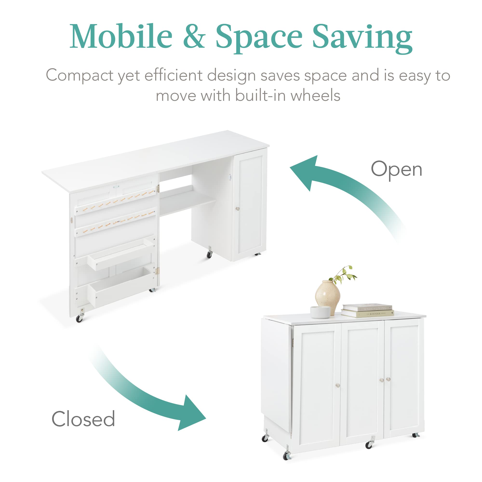 Best Choice Products Large Folding Sewing Table, Multipurpose Portable Craft Station & Side Desk w/Compact Design, Caster Wheels, Storage Shelves, 2 Storage Trays, Magnetic Doors - White