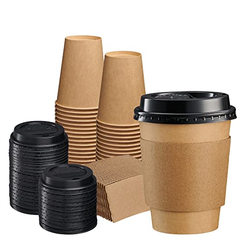 Comfy Package [50 Sets 12 oz. Disposable Kraft Coffee Cups with Black Lids, Sleeves - To Go Paper Hot Cups