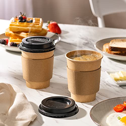 Comfy Package [50 Sets 12 oz. Disposable Kraft Coffee Cups with Black Lids, Sleeves - To Go Paper Hot Cups