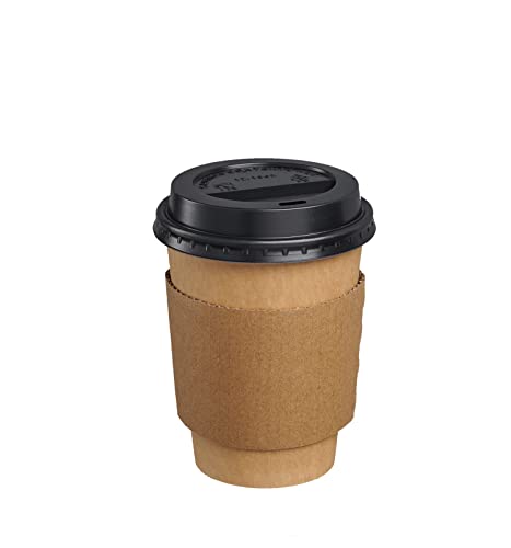 Comfy Package [50 Sets 12 oz. Disposable Kraft Coffee Cups with Black Lids, Sleeves - To Go Paper Hot Cups