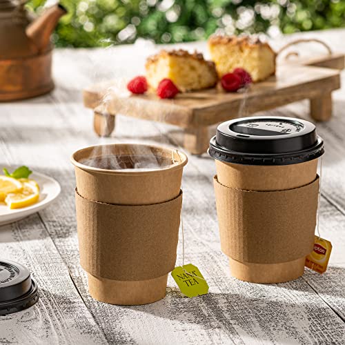 Comfy Package [50 Sets 12 oz. Disposable Kraft Coffee Cups with Black Lids, Sleeves - To Go Paper Hot Cups