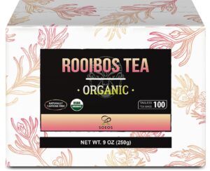 soeos rooibos tea, rooibos tea organic, rooibos tea bags (100 count), naturally sweet herbal tea, caffeine free, usda organic, red rooibos tea farmed in south africa 9oz (250g),100 count (pack of 1)