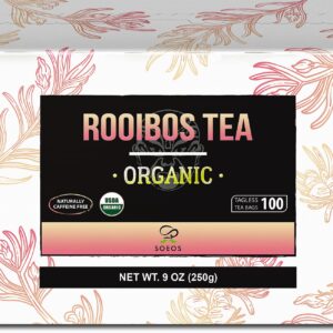 Soeos Rooibos Tea, Rooibos Tea Organic, Rooibos Tea Bags (100 Count), Naturally Sweet Herbal Tea, Caffeine Free, USDA Organic, Red Rooibos Tea Farmed in South Africa 9oz (250g),100 Count (Pack of 1)