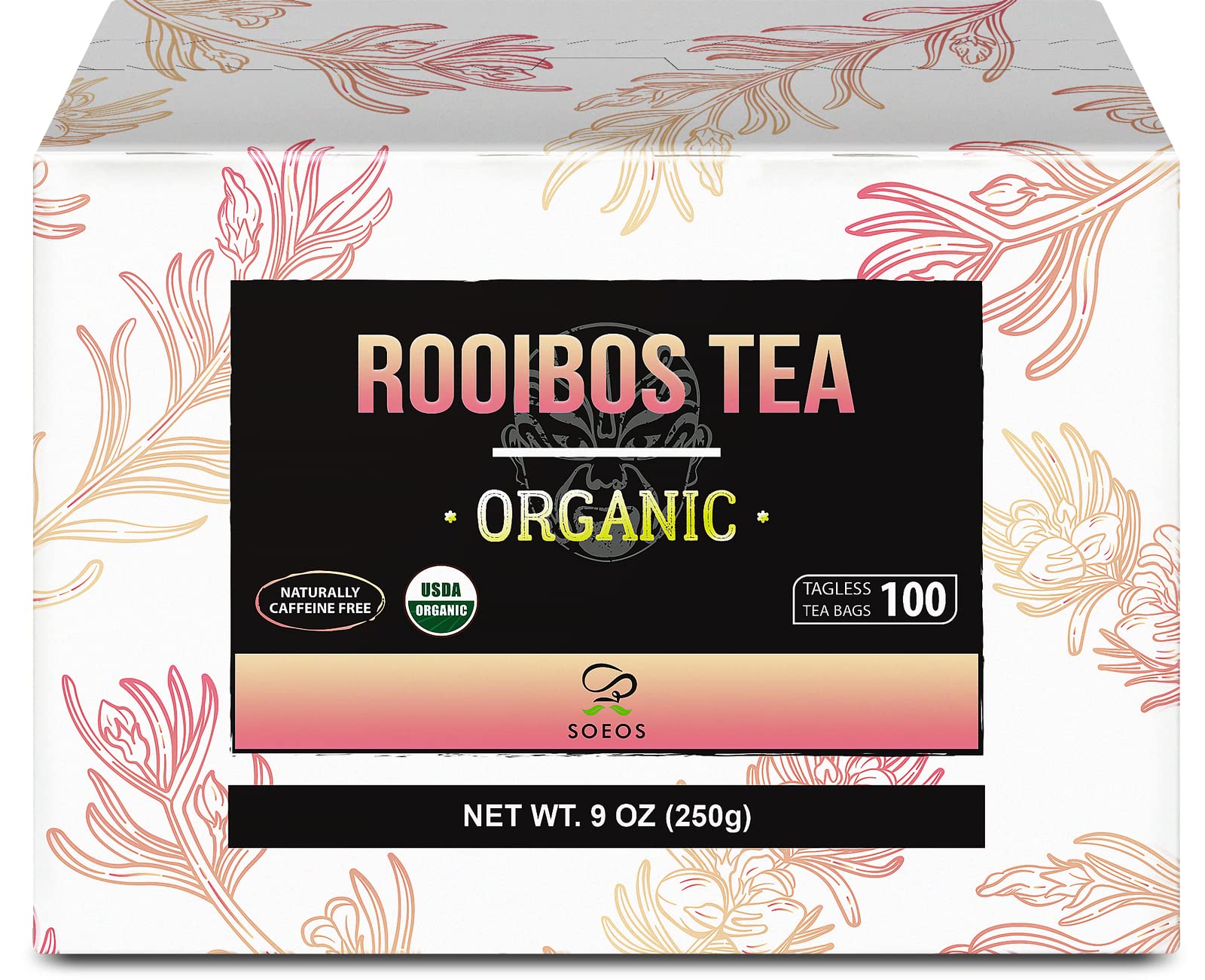 Soeos Rooibos Tea, Rooibos Tea Organic, Rooibos Tea Bags (100 Count), Naturally Sweet Herbal Tea, Caffeine Free, USDA Organic, Red Rooibos Tea Farmed in South Africa 9oz (250g),100 Count (Pack of 1)