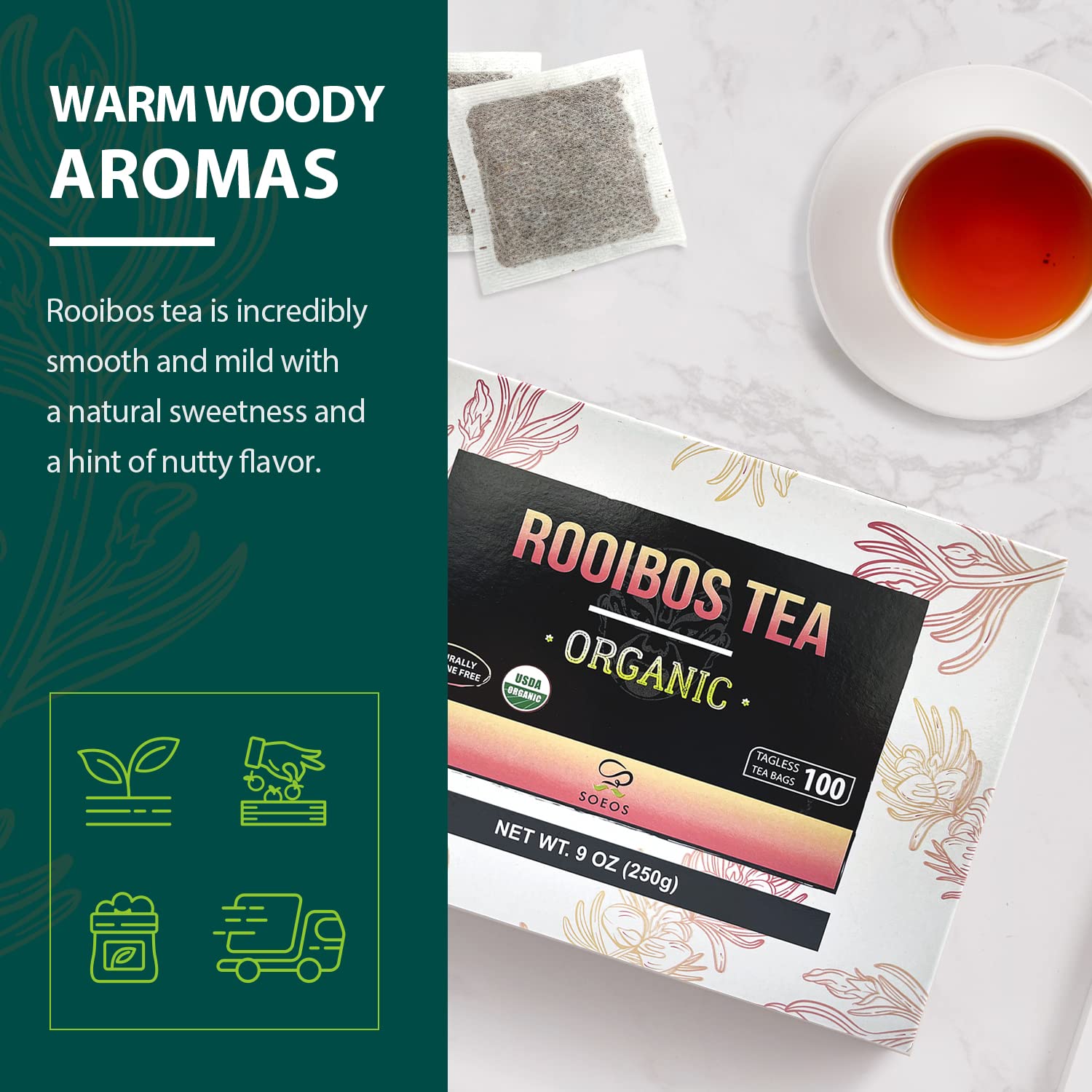 Soeos Rooibos Tea, Rooibos Tea Organic, Rooibos Tea Bags (100 Count), Naturally Sweet Herbal Tea, Caffeine Free, USDA Organic, Red Rooibos Tea Farmed in South Africa 9oz (250g),100 Count (Pack of 1)