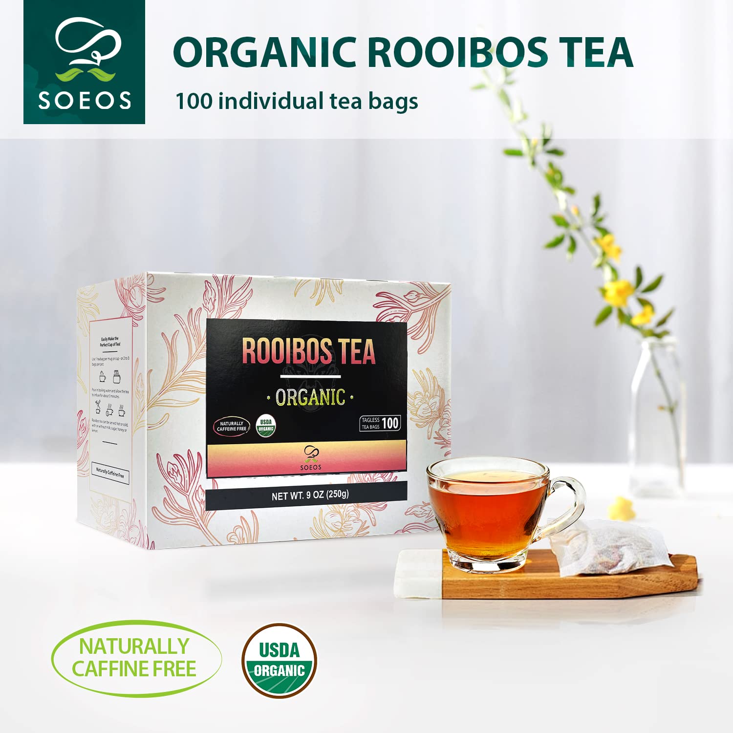 Soeos Rooibos Tea, Rooibos Tea Organic, Rooibos Tea Bags (100 Count), Naturally Sweet Herbal Tea, Caffeine Free, USDA Organic, Red Rooibos Tea Farmed in South Africa 9oz (250g),100 Count (Pack of 1)