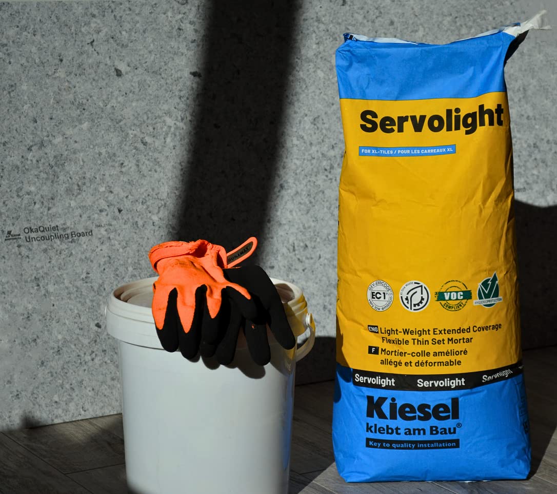 Kiesel Servolight Grey Acrylic Polymer Modified Thinset Mortar 33 lbs Bag Cement-Based Highly Flexible Self-Curring with Extended Coverage for Flooring Underlayment and Ceramic Tiles