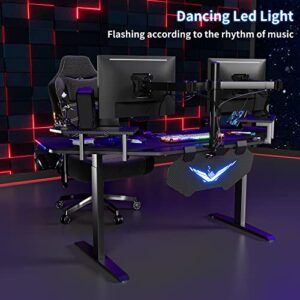 JWX Standing Gaming Desk with Aluminum Alloy Led Lights, 72'' Wing Shaped Large Gaming Studio Music Desk with Slot Design Shelves, for Live Streamer, Social Media Influencer & Music Recording