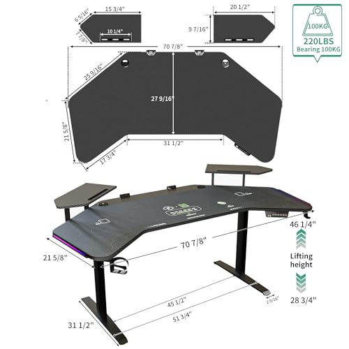 JWX Standing Gaming Desk with Aluminum Alloy Led Lights, 72'' Wing Shaped Large Gaming Studio Music Desk with Slot Design Shelves, for Live Streamer, Social Media Influencer & Music Recording