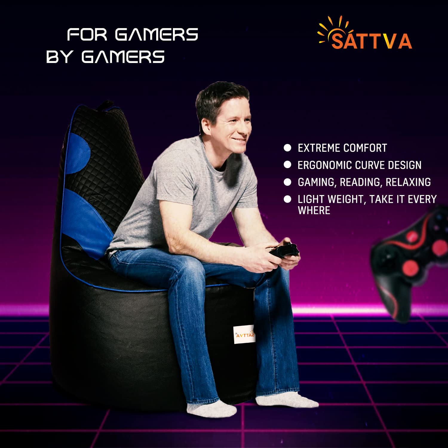 SATTVA 3.5Ft Faux Leather Gaming Bean Bag Chair for Adults - Big Bean Bag Covers Only (No Filling), Love Sack Bean Bag, Ultra Soft Zipper, for Dorm & Family Room_Black & Royal Blue