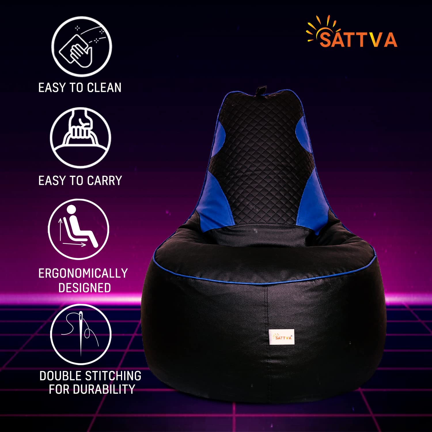 SATTVA 3.5Ft Faux Leather Gaming Bean Bag Chair for Adults - Big Bean Bag Covers Only (No Filling), Love Sack Bean Bag, Ultra Soft Zipper, for Dorm & Family Room_Black & Royal Blue