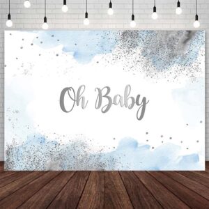 aibiin 10x7ft oh baby backdrop for boys pastel watercolor baby shower photography background blue clouds silver glitter baby shower party decorations cake table banner supplies photo studio props