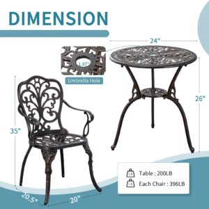 Withniture Bistro Set 3 Piece Outdoor Bistro Table and Chair Set of 2 Cast Aluminum Patio Furniture with Umbrella Hole,Patio Bistro Table Sets for Garden,Yard(Brown)