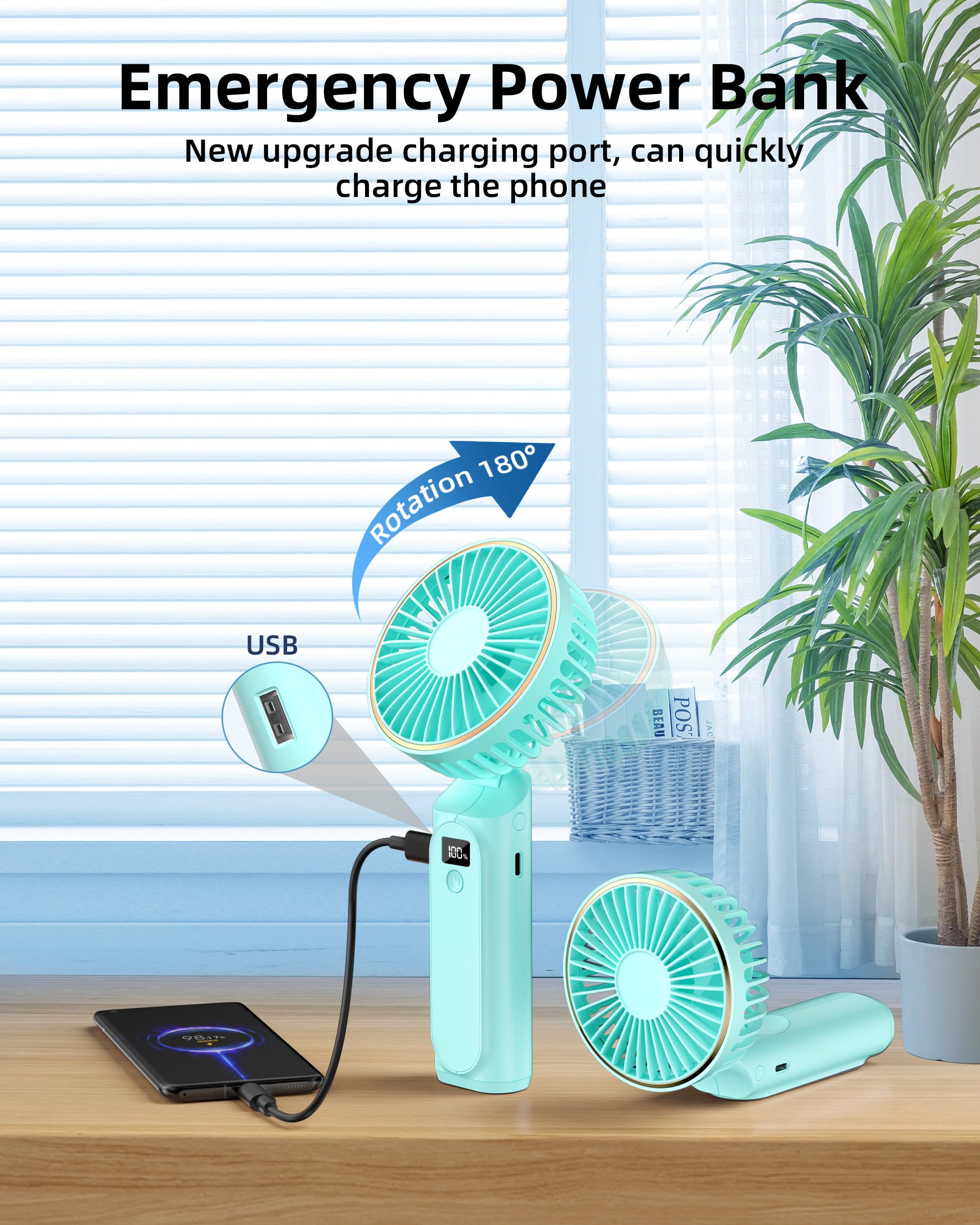 TUNISE Portable Handheld Fan, Neck Fan, 4000mAh Desk Fan, 180° Adjustable, 6 Speed Wind, Display Electricity in Real Time, USB Rechargeable Foldable Fan, Quiet Personal Fan as Power Bank