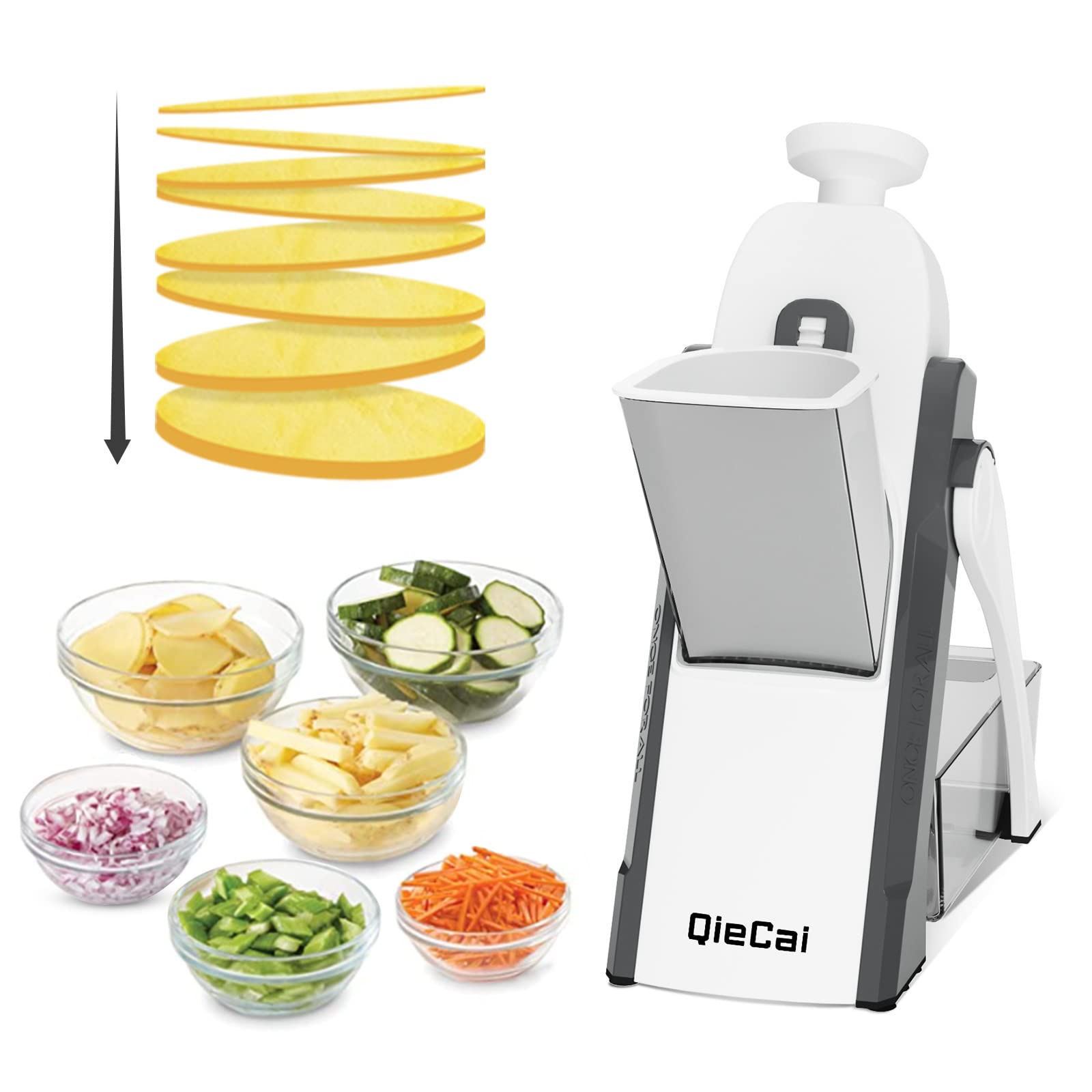 QieCai Safe Mandoline Vegetable Chopper With Container for Kitchen, Professional, More with 30+ Presets & Thickness Adjuster, Faster Food Slicer Gadgets for Onion,Potato - Gray