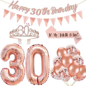 Rose Gold 30th Birthday Decorations for Girls Rose Gold 30th Birthday Banner 30th Birthday Sash 30th Tiara 40 Inch NO. 30 Rose Gold Foil Balloons Rose Gold Confetti Balloons 30th Rose Gold Party Set