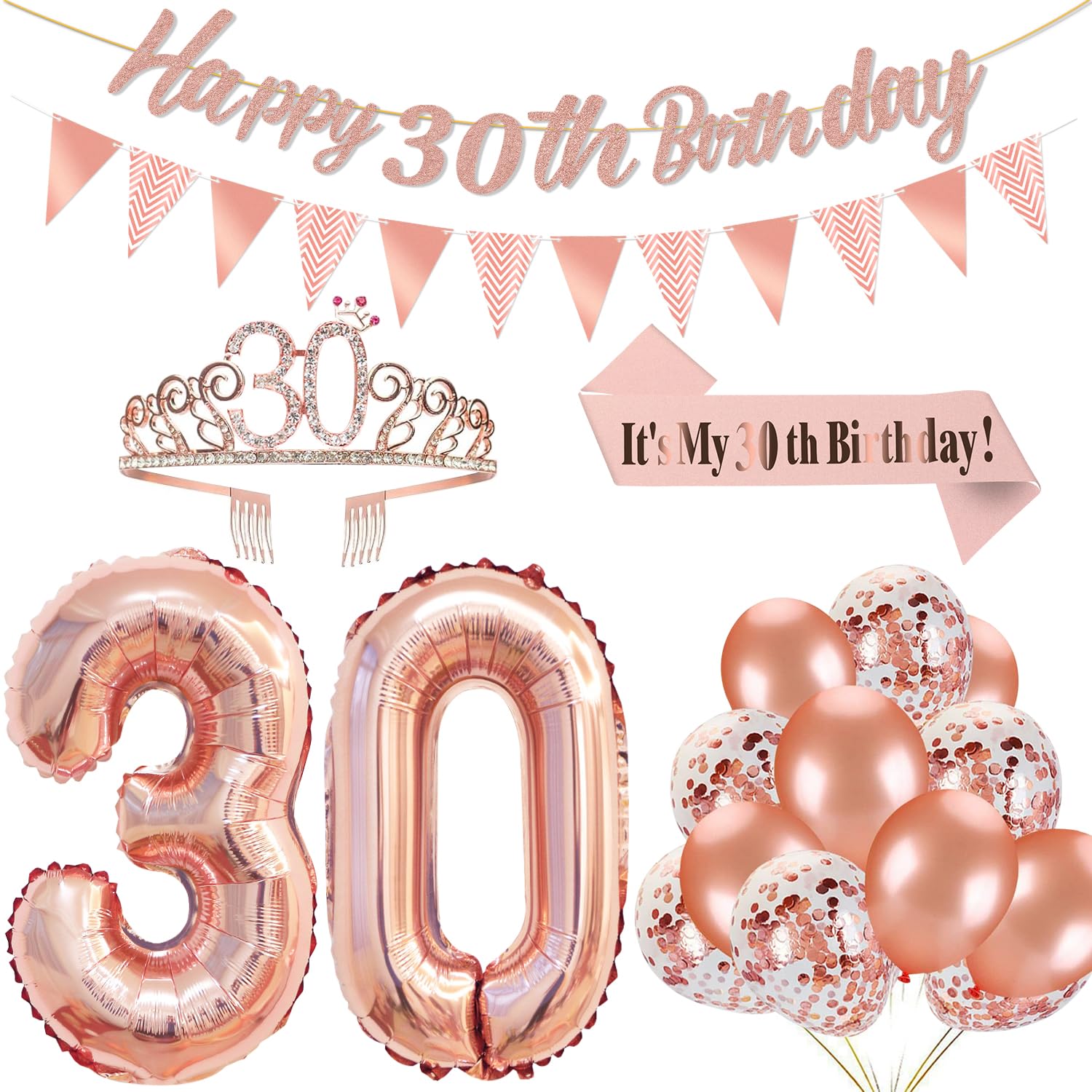 Rose Gold 30th Birthday Decorations for Girls Rose Gold 30th Birthday Banner 30th Birthday Sash 30th Tiara 40 Inch NO. 30 Rose Gold Foil Balloons Rose Gold Confetti Balloons 30th Rose Gold Party Set