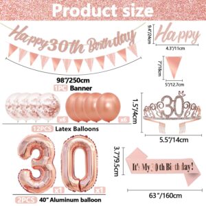 Rose Gold 30th Birthday Decorations for Girls Rose Gold 30th Birthday Banner 30th Birthday Sash 30th Tiara 40 Inch NO. 30 Rose Gold Foil Balloons Rose Gold Confetti Balloons 30th Rose Gold Party Set