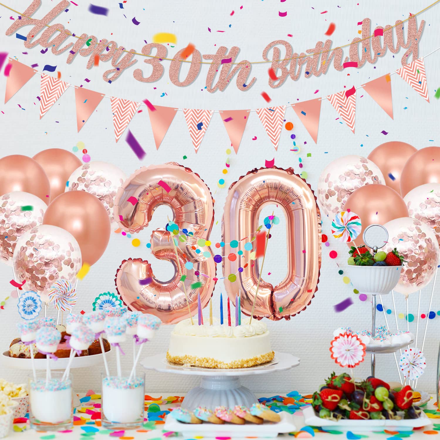 Rose Gold 30th Birthday Decorations for Girls Rose Gold 30th Birthday Banner 30th Birthday Sash 30th Tiara 40 Inch NO. 30 Rose Gold Foil Balloons Rose Gold Confetti Balloons 30th Rose Gold Party Set