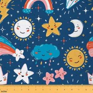 sun and moon fabric by the yard cartoon cute rainbow cloud lightning fabric for kids boys girls starry galaxy shining stars stripes craft hobby fabric for quilting sewing diy gift,3 yards