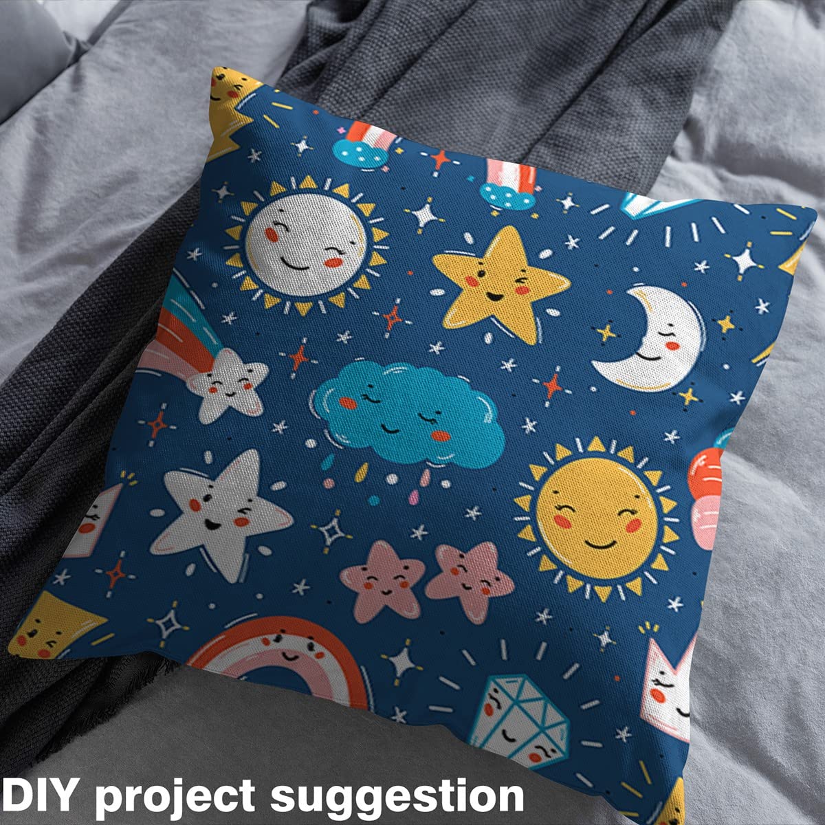 Sun and Moon Fabric by The Yard Cartoon Cute Rainbow Cloud Lightning Fabric for Kids Boys Girls Starry Galaxy Shining Stars Stripes Craft Hobby Fabric for Quilting Sewing DIY Gift,3 Yards