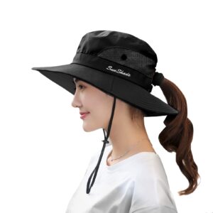 1 Pack Ponytail Sun Hat for Women UV Protection Fishing Hat Foldable Mesh Wide Brim UPF 50+ (Black)