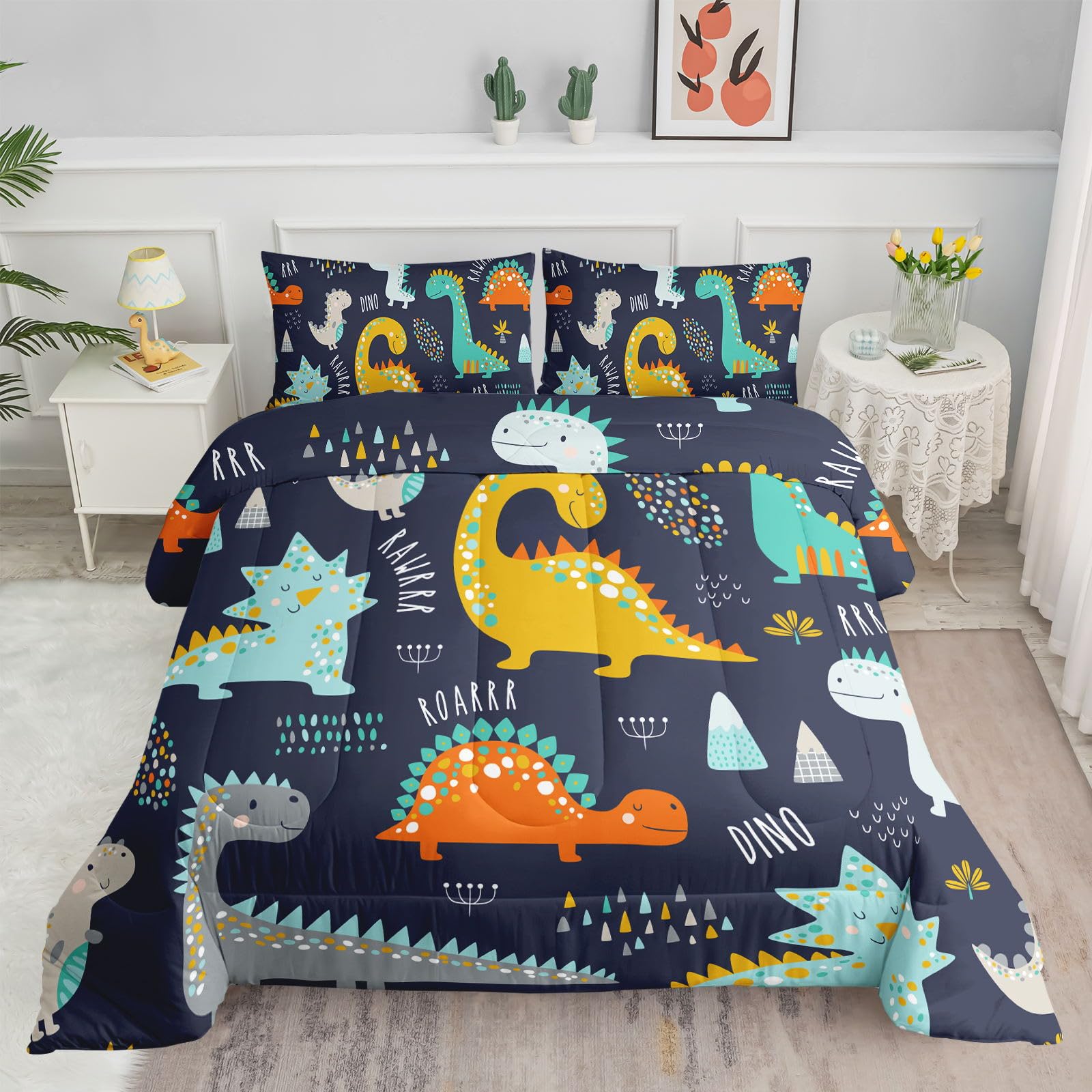 Datura home Bedding Comforter Set Kawaii Cartoon Dinosaur Printed Pattern Bedding Set with 1 Comforter and 2 Pillowcases for Boys Bedroom All Season(Cute Dinosaur Twin), Twin 68x86inches