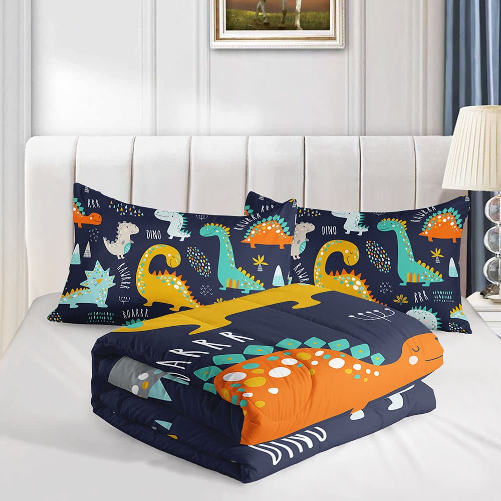 Datura home Bedding Comforter Set Kawaii Cartoon Dinosaur Printed Pattern Bedding Set with 1 Comforter and 2 Pillowcases for Boys Bedroom All Season(Cute Dinosaur Twin), Twin 68x86inches