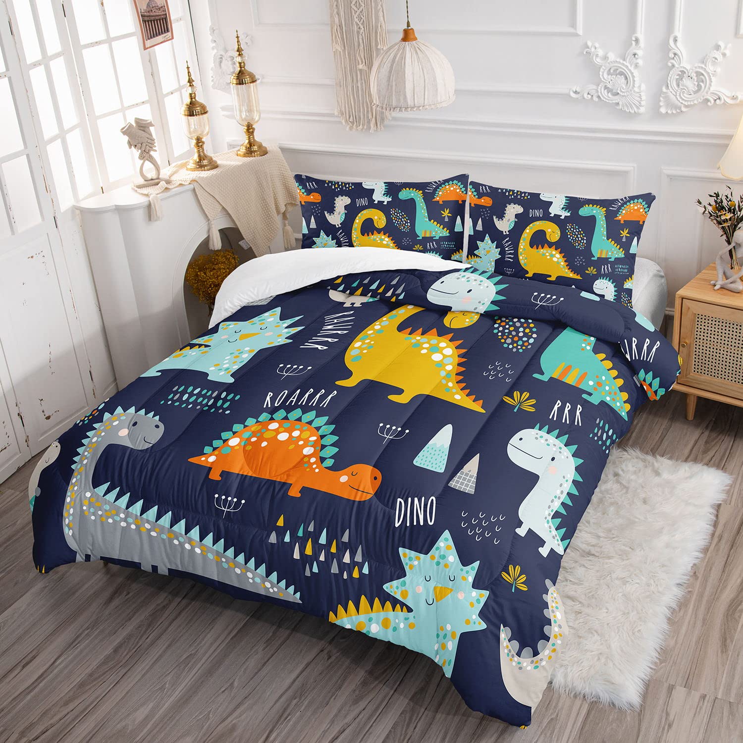 Datura home Bedding Comforter Set Kawaii Cartoon Dinosaur Printed Pattern Bedding Set with 1 Comforter and 2 Pillowcases for Boys Bedroom All Season(Cute Dinosaur Twin), Twin 68x86inches