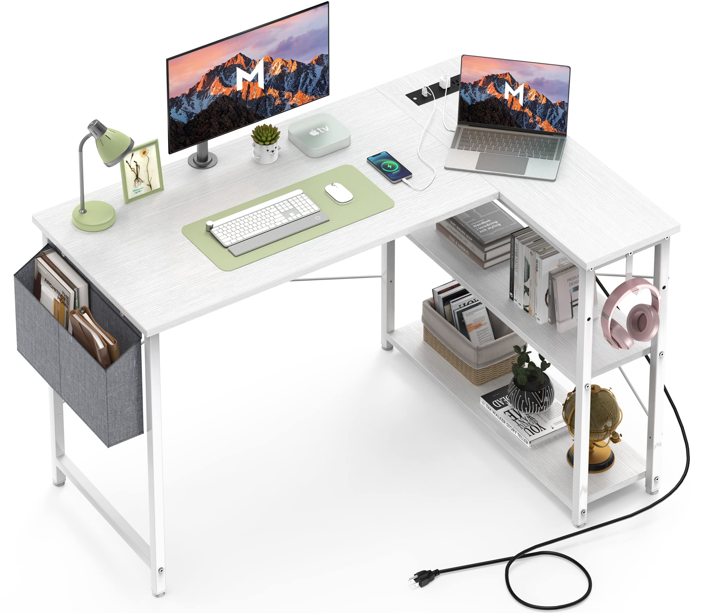 Mr IRONSTONE L Shaped Desk with Outlets & USB Ports, Reversible 47 Inch Office Desk, Corner Desk for Small Space, Home Office Desk with Storage Bag & Hook, White