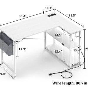 Mr IRONSTONE L Shaped Desk with Outlets & USB Ports, Reversible 47 Inch Office Desk, Corner Desk for Small Space, Home Office Desk with Storage Bag & Hook, White