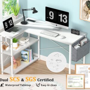 Mr IRONSTONE L Shaped Desk with Outlets & USB Ports, Reversible 47 Inch Office Desk, Corner Desk for Small Space, Home Office Desk with Storage Bag & Hook, White