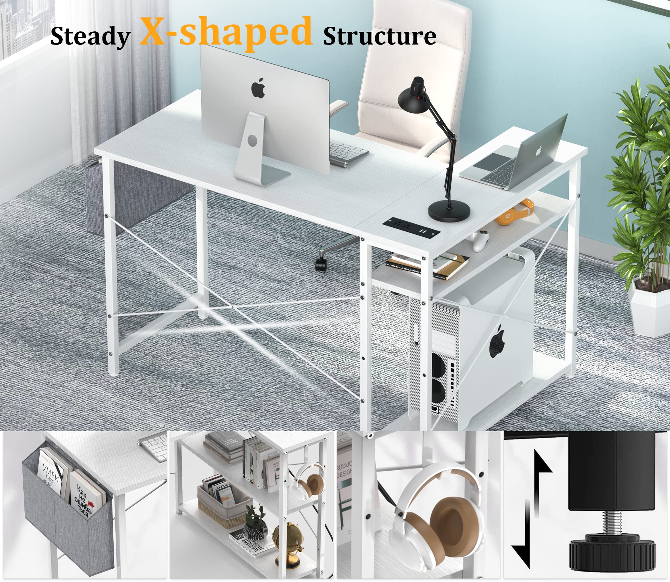 Mr IRONSTONE L Shaped Desk with Outlets & USB Ports, Reversible 47 Inch Office Desk, Corner Desk for Small Space, Home Office Desk with Storage Bag & Hook, White