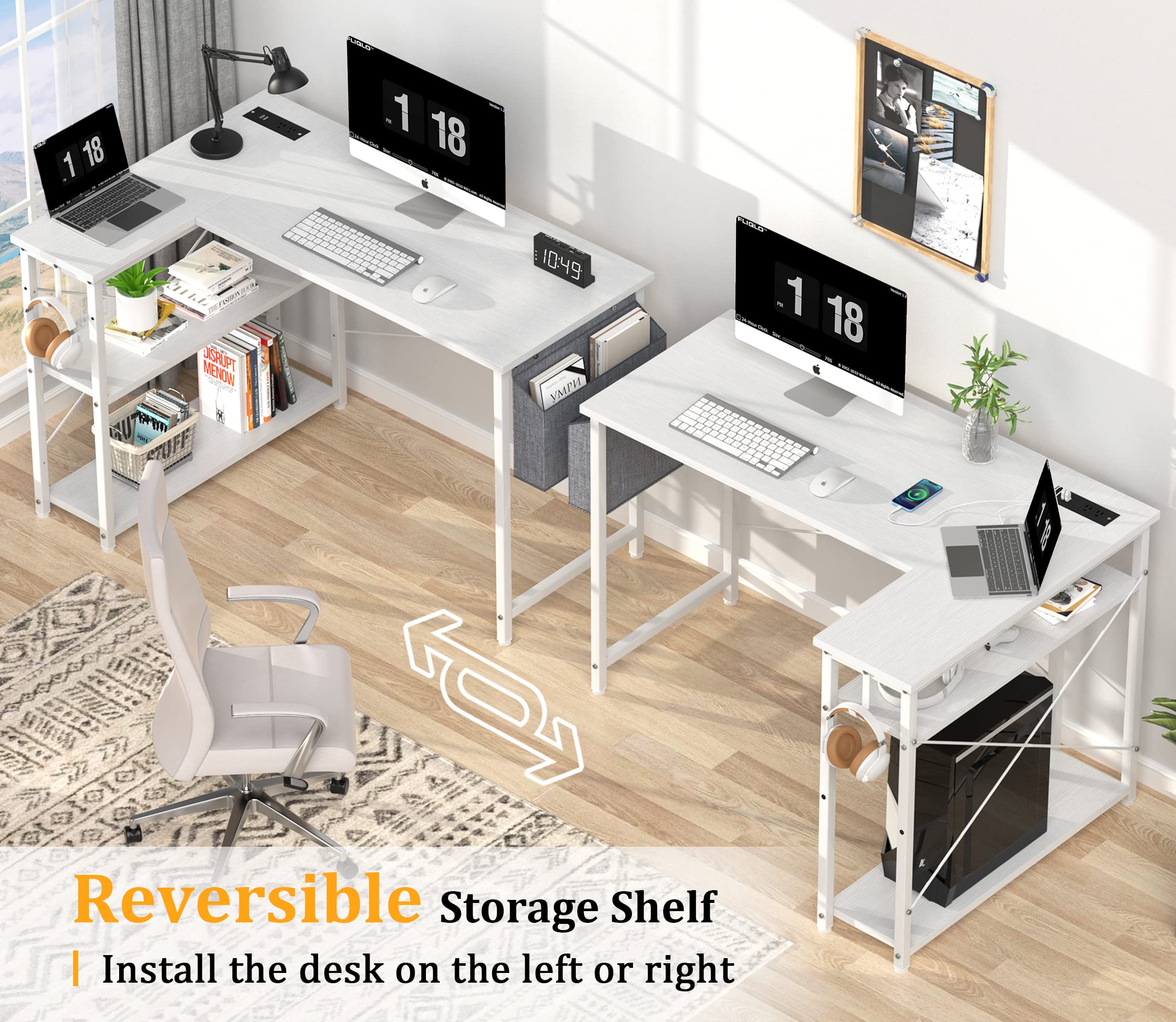 Mr IRONSTONE L Shaped Desk with Outlets & USB Ports, Reversible 47 Inch Office Desk, Corner Desk for Small Space, Home Office Desk with Storage Bag & Hook, White