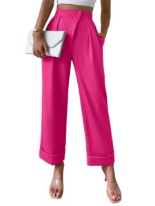 sweatyrocks women's elegant high waist roll up hem pleated wide leg pants with pocket hot pink m