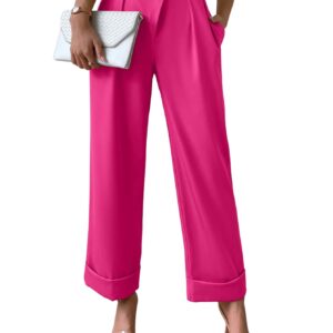 SweatyRocks Women's Elegant High Waist Roll Up Hem Pleated Wide Leg Pants with Pocket Hot Pink M