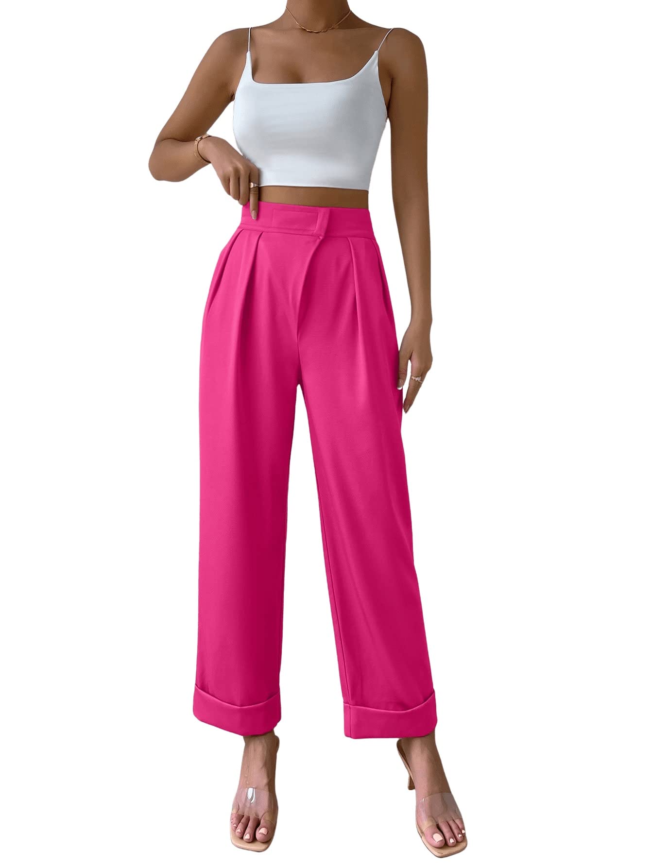 SweatyRocks Women's Elegant High Waist Roll Up Hem Pleated Wide Leg Pants with Pocket Hot Pink M