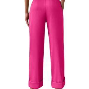 SweatyRocks Women's Elegant High Waist Roll Up Hem Pleated Wide Leg Pants with Pocket Hot Pink M