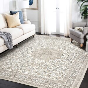 Area Rug Living Room Rugs: 5x7 Large Machine Washable Non Slip Thin Carpet Soft Indoor Luxury Floral Stain Resistant Carpets for Under Dining Table Farmhouse Bedroom Nursery Home Office Beige