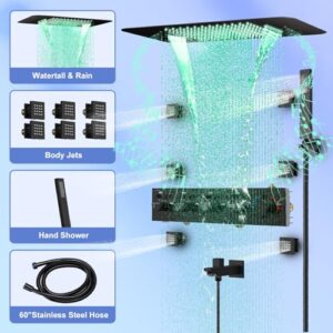 Doozoler Thermostatic Shower System with Body Jets, 23 Inch Matte Black Full Body Shower System with Rain Waterfall Shower, Smart Shower Jets System In Wall with LED Light & Music