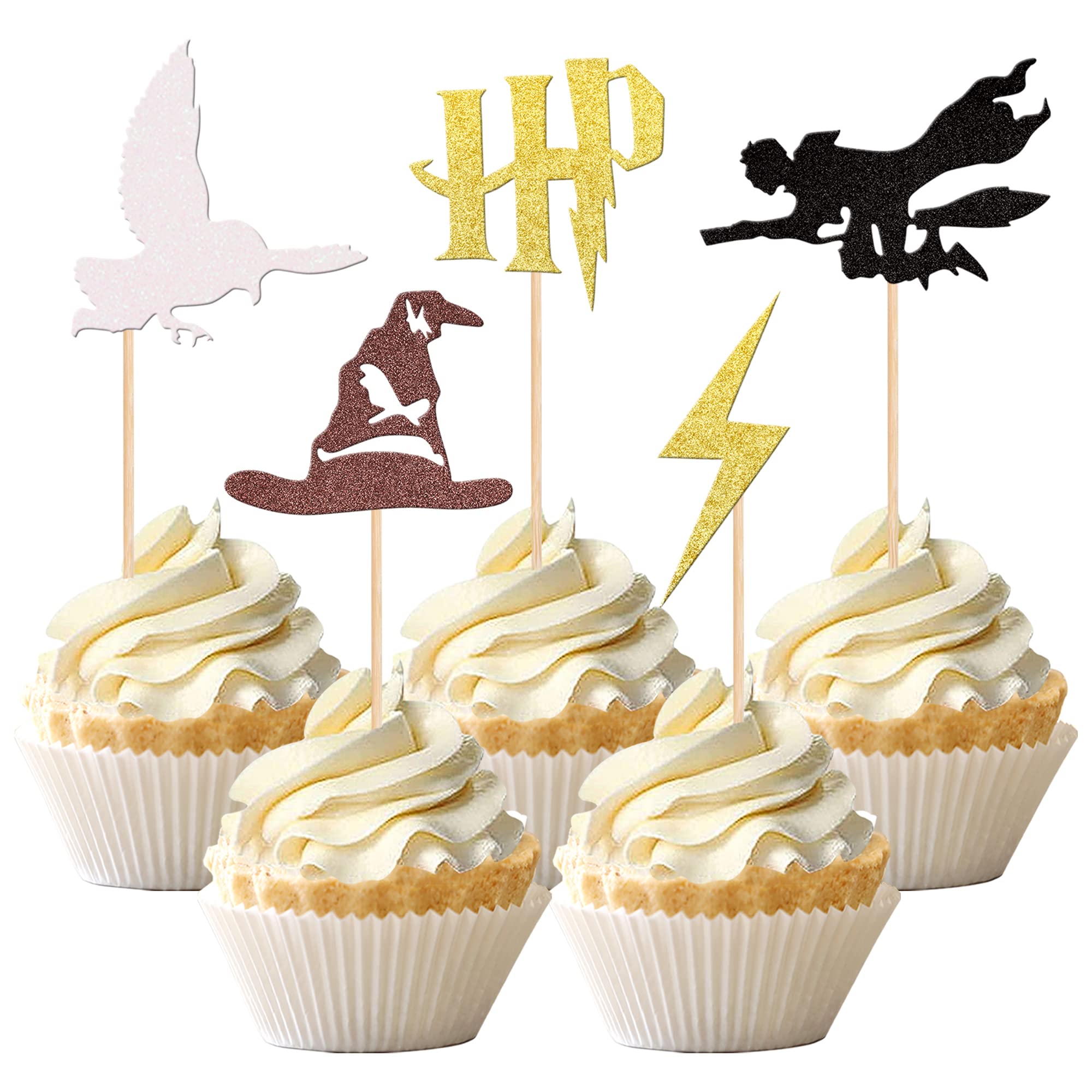 30 PCS Magical Wizard Cupcake Toppers Glitter Magic School Inspired Cupcake Picks for Wizard Theme Baby Shower Kids Boys Girls Birthday Party Cake Decorations Supplies