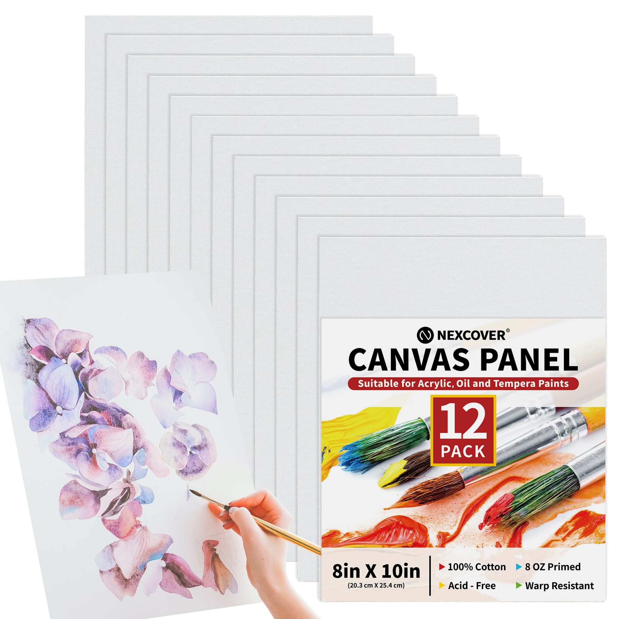 NEXCOVER Painting Canvas Panels - 12 Pack 8x10 Inch, 100% Cotton, Triple Primed Blank White Canvases, MDF Board Core, Acid-Free, Non-Toxic, Artist Canvas Board for Acrylic, Oil, Tempera, Gouache Paint