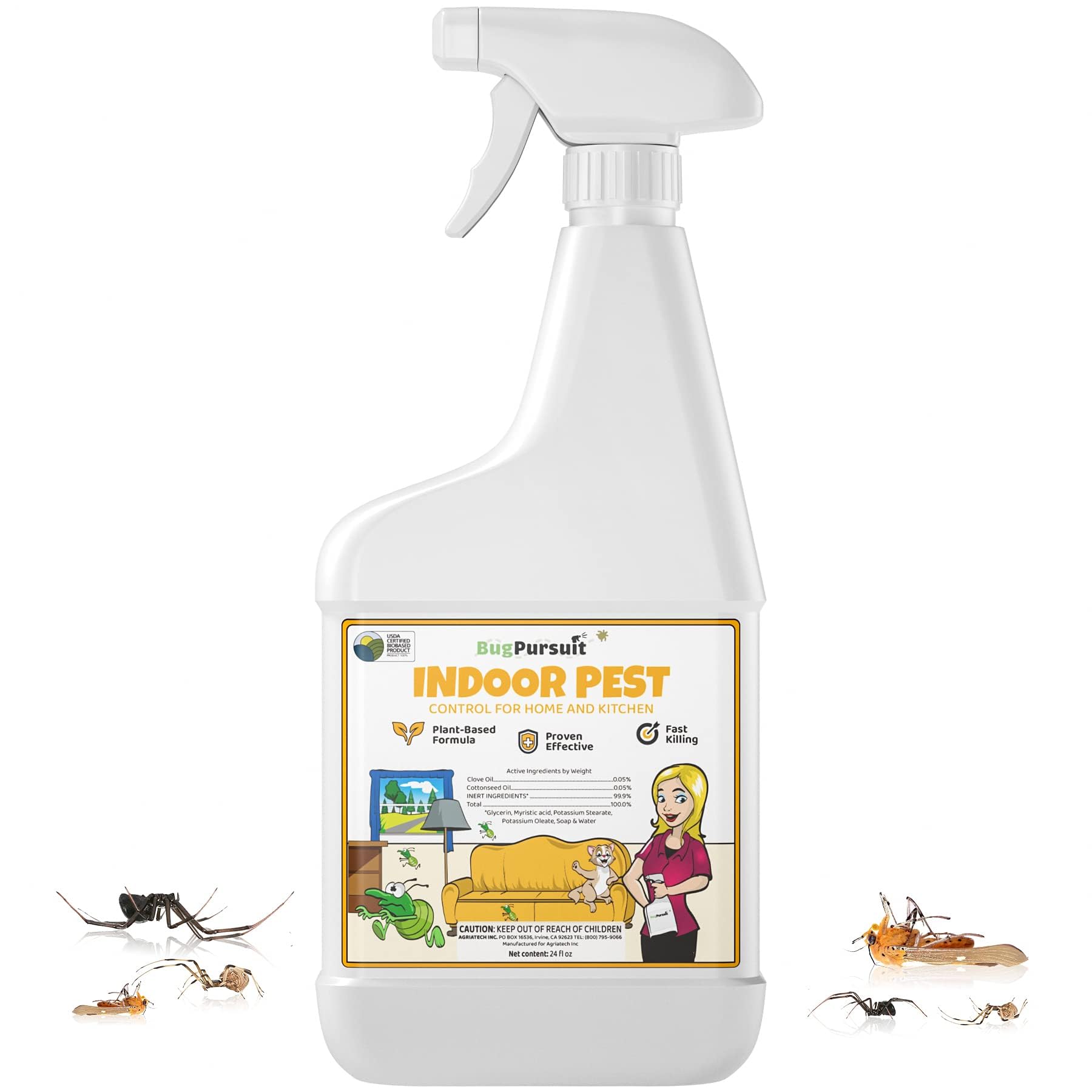 BugPursuit - 24oz Indoor Pest Control for Ant, Fly, Flea,Tick, Roach, Spider, Moth, Carpet Beetle and More, Plant Based Insect Killer for Home & Kitchen Use, Natural Solution, Pets & Family Safe