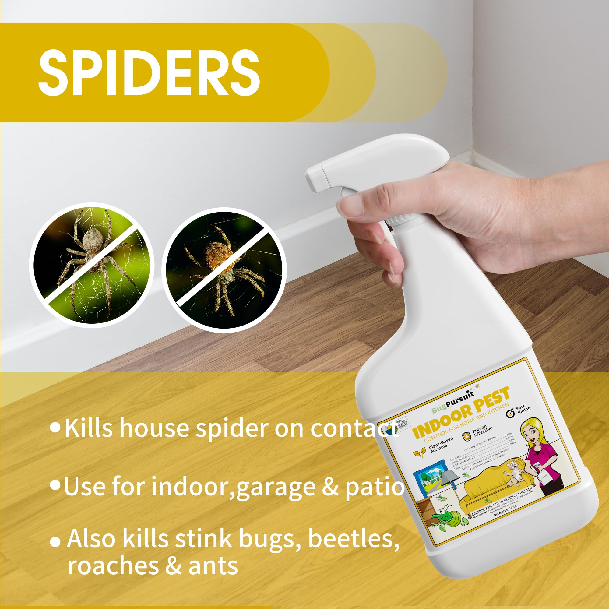 BugPursuit - 24oz Indoor Pest Control for Ant, Fly, Flea,Tick, Roach, Spider, Moth, Carpet Beetle and More, Plant Based Insect Killer for Home & Kitchen Use, Natural Solution, Pets & Family Safe