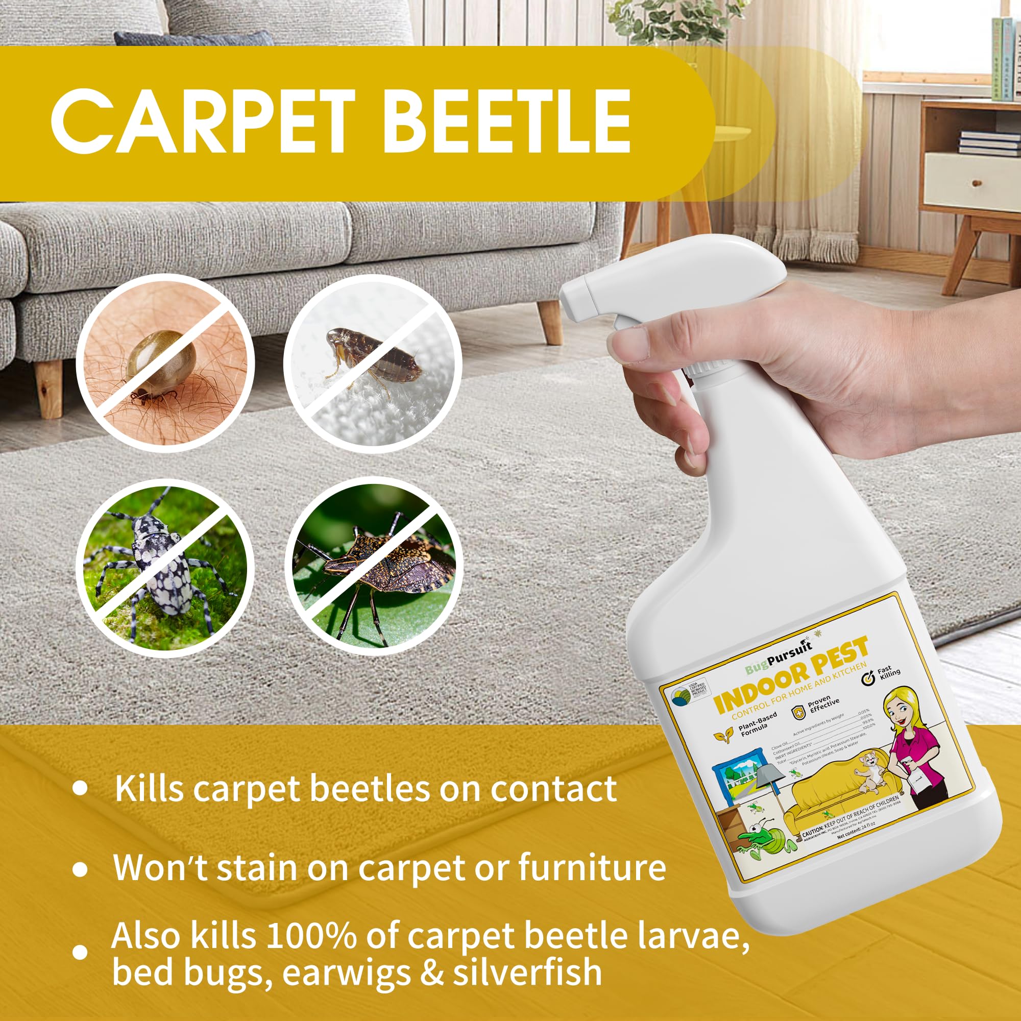 BugPursuit - 24oz Indoor Pest Control for Ant, Fly, Flea,Tick, Roach, Spider, Moth, Carpet Beetle and More, Plant Based Insect Killer for Home & Kitchen Use, Natural Solution, Pets & Family Safe