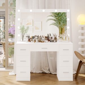 irontar vanity table, makeup table with lighted mirror, 3 color lighting modes, brightness adjustable, dressing table with drawers, vanity desk for women, white wdt004w