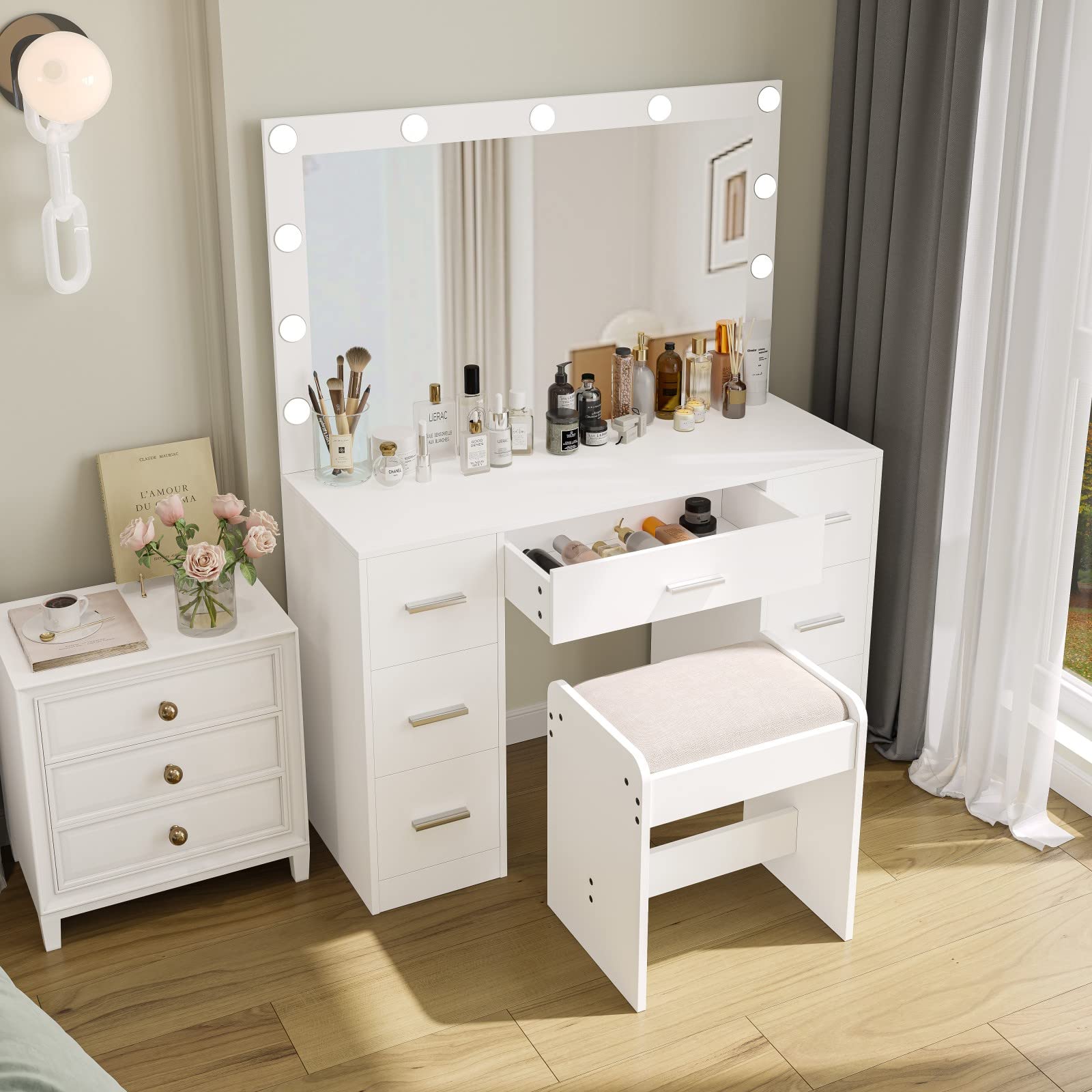 Irontar Vanity Table, Makeup Table with Lighted Mirror, 3 Color Lighting Modes, Brightness Adjustable, Dressing Table with Drawers, Vanity Desk for Women, White WDT004W