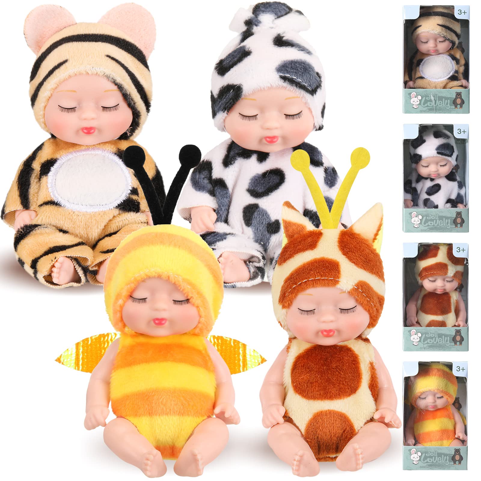 Hanaive 4 Pcs 4 Inch Mini Baby Dolls Lifelike Realistic Baby Dolls Animal Clothes Cute Tiny Babies Gifts for Kids Birthday Baby Shower (Print Style)