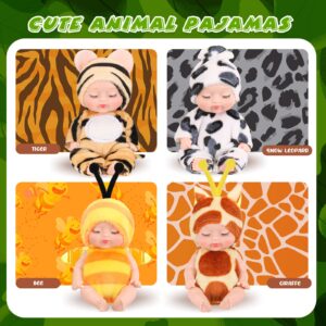 Hanaive 4 Pcs 4 Inch Mini Baby Dolls Lifelike Realistic Baby Dolls Animal Clothes Cute Tiny Babies Gifts for Kids Birthday Baby Shower (Print Style)