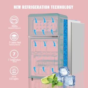 WANAI 3.5 Cu.ft Compact Refrigerators Mini Fridge with Freezer Blue Small Fridge Dual Door Classic Retro Refrigerator Removable Glass Shelves Adjustable Thermostat for Home Office Dorm RV